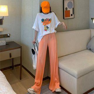 Short-sleeve Cartoon Printed T-shirt / High-waist Pleated Wide-leg Pants