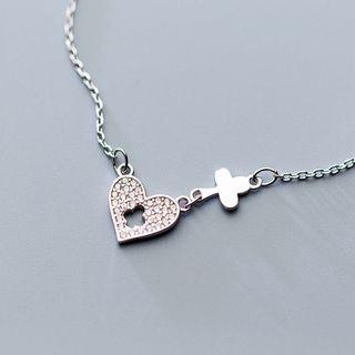 925 Sterling Silver Rhinestone Heart & Clover Pendant Necklace Silver - One Size