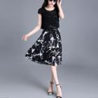 Set: Short-sleeve Top + Sleeveless Printed A-line Dress