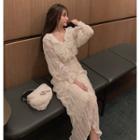 Ruched V-neck Bell-sleeve A-line Midi Chiffon Dress Off White - One Size