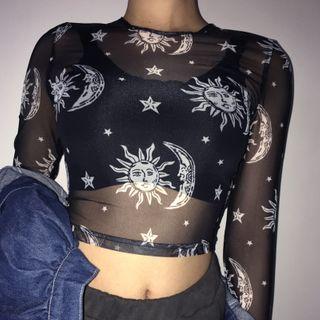 Long-sleeve Sun Print Mesh Crop Top