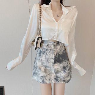 Long-sleeve Crop Shirt / Tie-dye Mini A-line Skirt