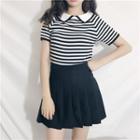 Striped Short Sleeve Knit Polo Shirt / Pleated Skirt