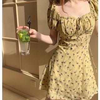 Puff-sleeve Floral Frill Trim A-line Mini Dress