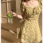 Puff-sleeve Floral Frill Trim A-line Mini Dress