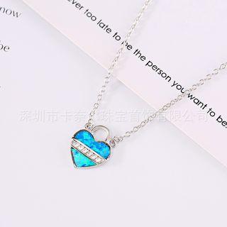 Faux Crystal Heart Lock Pendant Necklace 925 Silver - White Gold - One Size