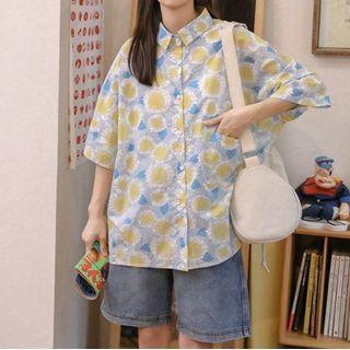 Elbow-sleeve Floral Print Shirt Yellow Flowers - Light Blue - One Size