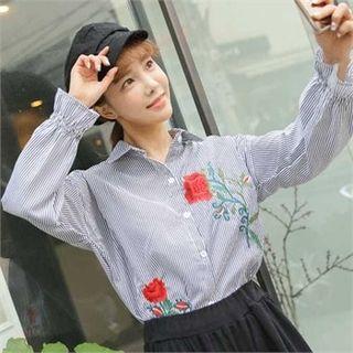 Rose-embroidered Stripe Blouse