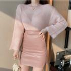 Plaid Furry Sweater / Faux Leather Mini A-line Skirt