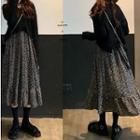 V-neck Cable-knit Sweater / Floral Long-sleeve Midi A-line Dress