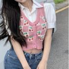 Puff-sleeve Crop Shirt / Cherry Print Button-up Sweater Vest