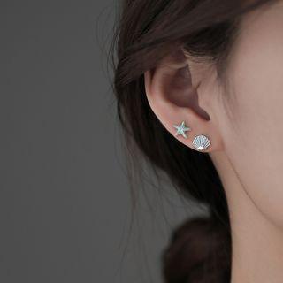 Starfish & Shell Asymmetrical Sterling Silver Earring