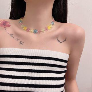 Flower Bead Choker Choker - Translucent - Blue & Yellow & Purple & Green - One Size