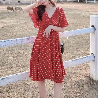 Dotted Lace Up Short-sleeve A-line Dress