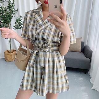 Set: Short-sleeve Plaid Shirt + High-waist Shorts
