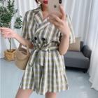 Set: Short-sleeve Plaid Shirt + High-waist Shorts