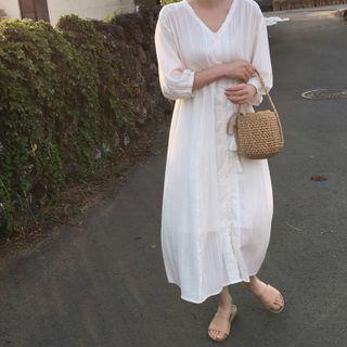 V-neck Lace Panel Drawstring-waist Midi A-line Dress