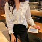 Eyelet Trim V-neck Blouse White - One Size