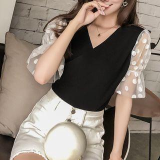 Bell-sleeve Dotted-mesh Knit Top