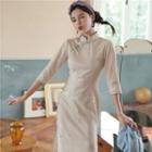 Elbow-sleeve Butterfly Embroidered Qipao Dress