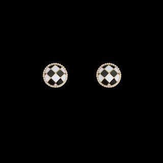 Checker Alloy Disc Earring 1 Pair - Black & Gold & White - One Size