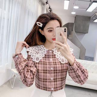 Long-sleeve Lace Collar Plaid Shirt
