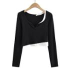 Mock Two-piece Long-sleeve V-neck Cropped T-shirt