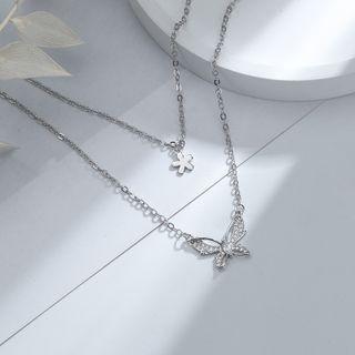Butterfly Flower Pendant Layered Necklace Silver - One Size