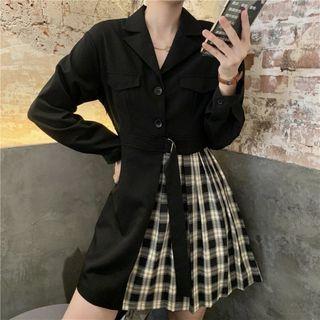 Long-sleeve Plaid Panel Mini A-line Dress Black - One Size