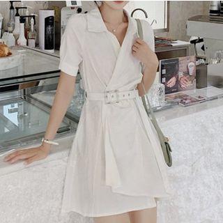 Short-sleeve Plain Mini Dress With Belt