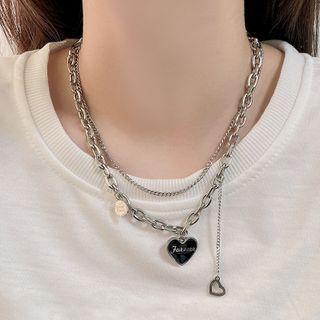 Lettering Heart Pendant Layered Stainless Steel Necklace Black & Silver - One Size