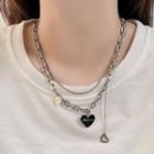 Lettering Heart Pendant Layered Stainless Steel Necklace Black & Silver - One Size
