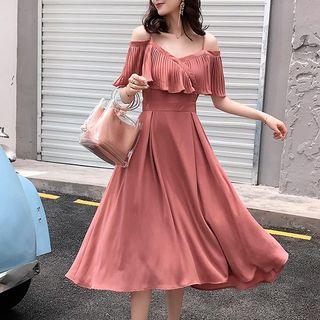 Pleated Trim Off Shoulder Short Sleeve Chiffon Dress