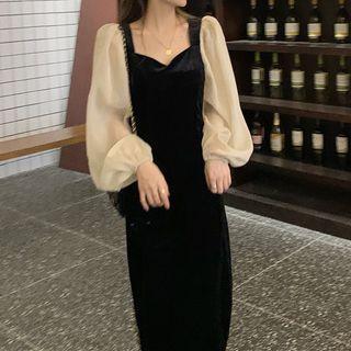 Two-tone Long-sleeve Midi Sheath Dress Black - One Size