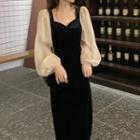 Two-tone Long-sleeve Midi Sheath Dress Black - One Size