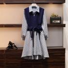 Set: Knit Vest + Long-sleeve Dotted Dress