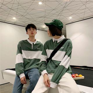 Couple Matching Long-sleeve Embroidered Color Block Polo Shirt