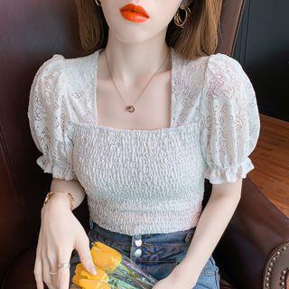 Square-neck Puff-sleeve Elbow-sleeve Shirt