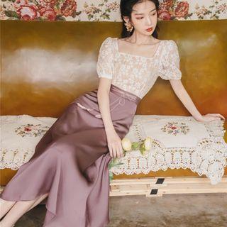 Set: Puff-sleeve Lace Blouse + Midi A-line Skirt