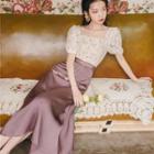 Set: Puff-sleeve Lace Blouse + Midi A-line Skirt