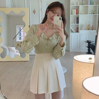 Long-sleeve Collared Plain Blouse / High-waist Pleated Skirt