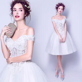 Off-shoulder Lace Applique Mini Prom Dress