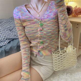 Long Sleeve V-neck Tie Dye Cherry Accent Cropped Cardigan As Shown In Figure - One Size