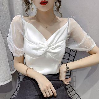 Puff-sleeve Twist-front Chiffon Top