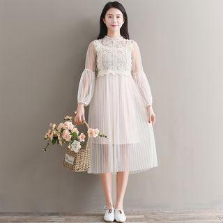 Mock Neck Long-sleeve Midi A-line Dress