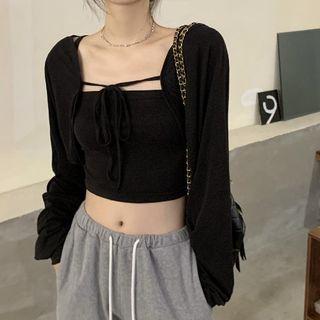 Set: Plain Cropped Camisole Top + Tie-strap Cardigan