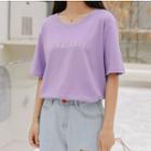 Elbow-sleeve Embroidered Letter T-shirt Purple - One Size