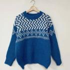 Round Neck Patterned Sweater Blue - One Size