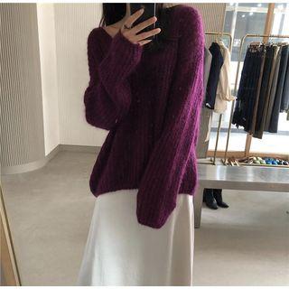 Long-sleeve V-neck Open Knit Top Purple - One Size