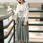 Set: Embroidered Sailor Collar Blouse + Midi Accordion Pleat Skirt